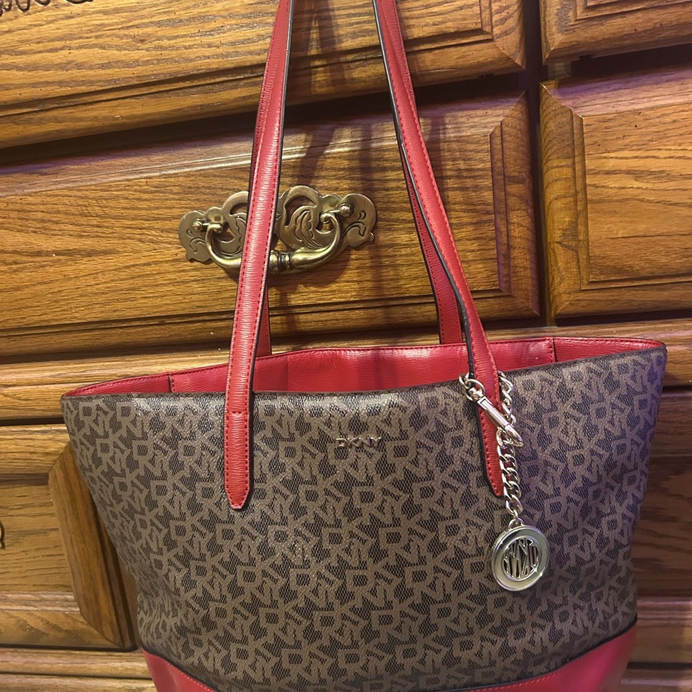 Dkny Brown and Red Tote Bag with Structured Design and red off brand wallet